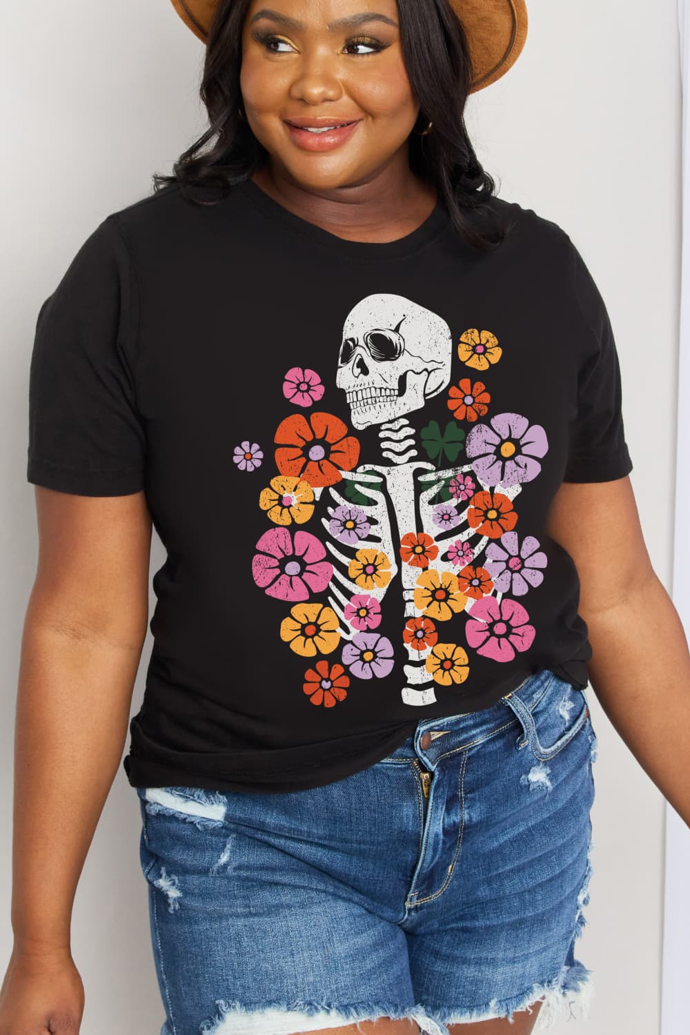 Simply Love Simply Love Full Size Skeleton & Flower Graphic Cotton Tee-Teresa&#39;s Fashionista LLC