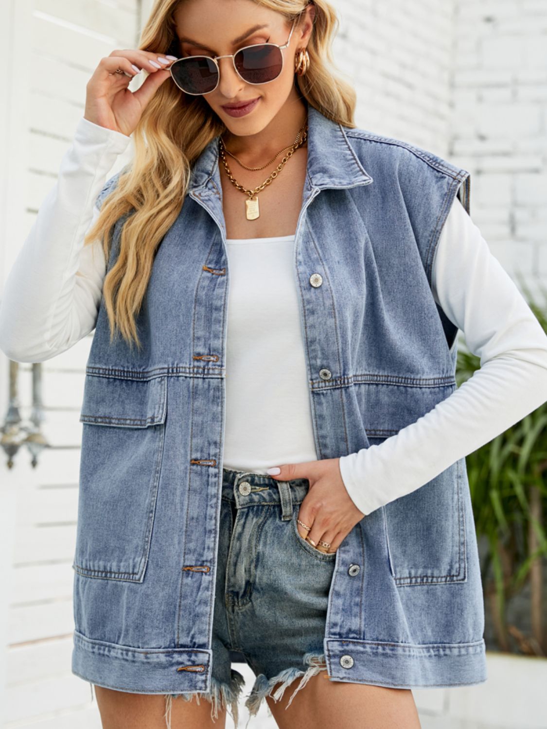 Collared Neck Sleeveless Denim Top with Pockets-Teresa&#39;s Fashionista LLC