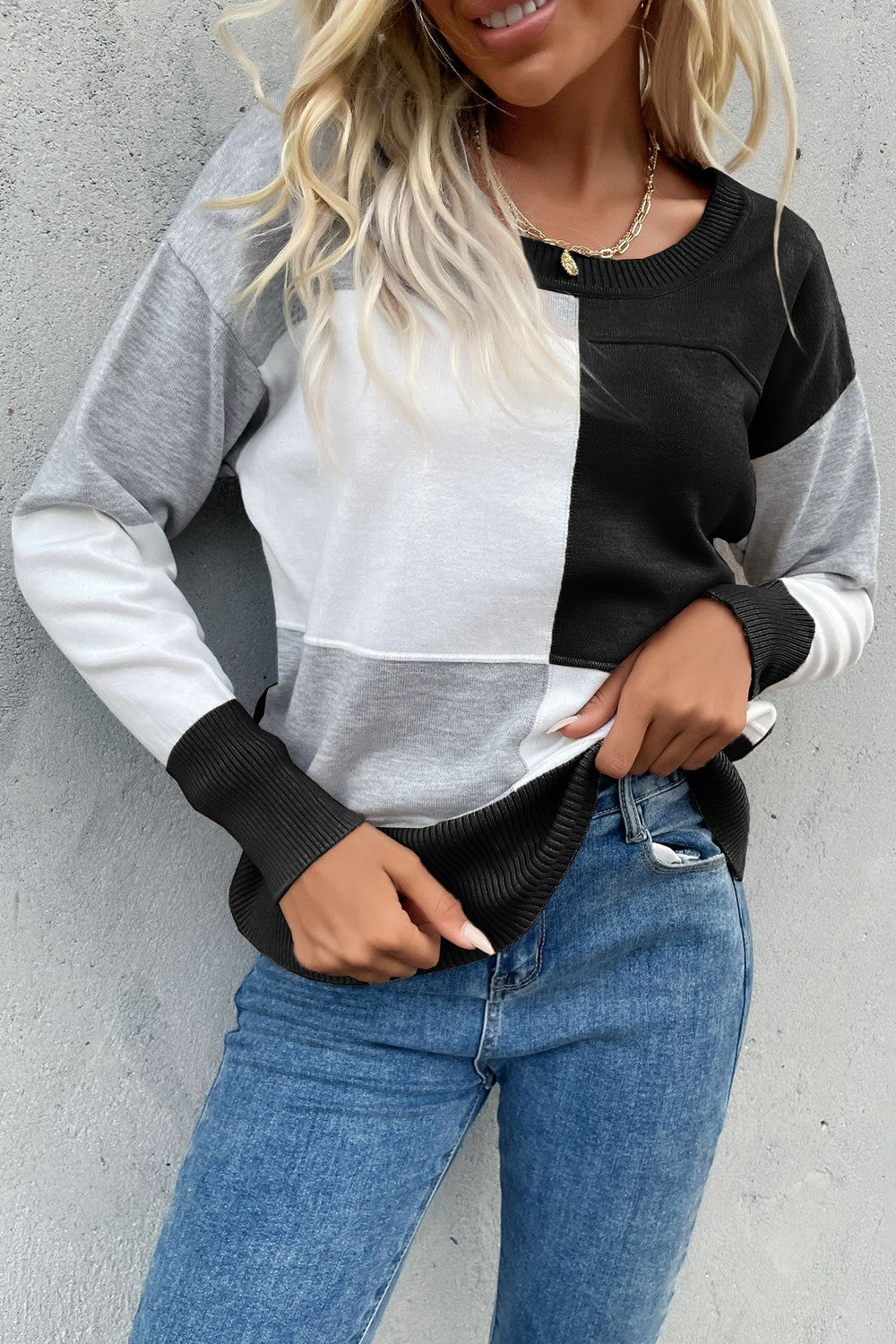 Color Block Ribbed Trim Round Neck Knit Pullover-Teresa&#39;s Fashionista LLC