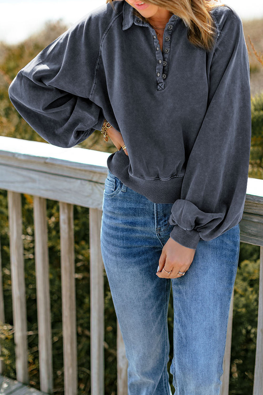 Quarter-Snap Collared Lantern Sleeve Sweatshirt-Teresa&#39;s Fashionista LLC