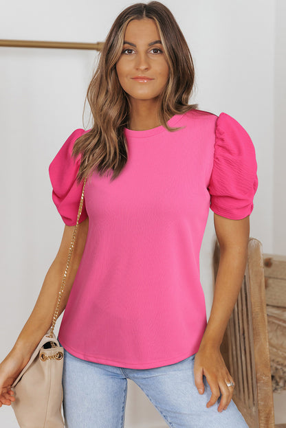 Round Neck Puff Sleeve Top-Teresa&#39;s Fashionista LLC