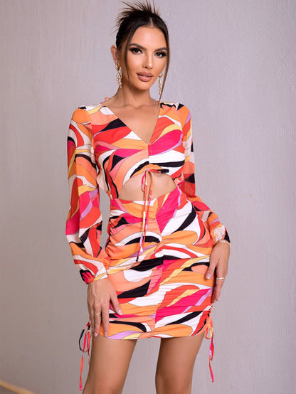 Printed Open Back Cutout Drawstring Mini Dress-Teresa&#39;s Fashionista LLC