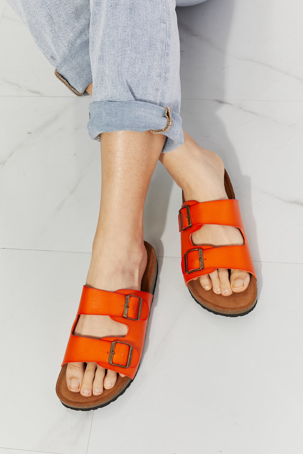 MMShoes Feeling Alive Double Banded Slide Sandals in Orange-Teresa&#39;s Fashionista LLC