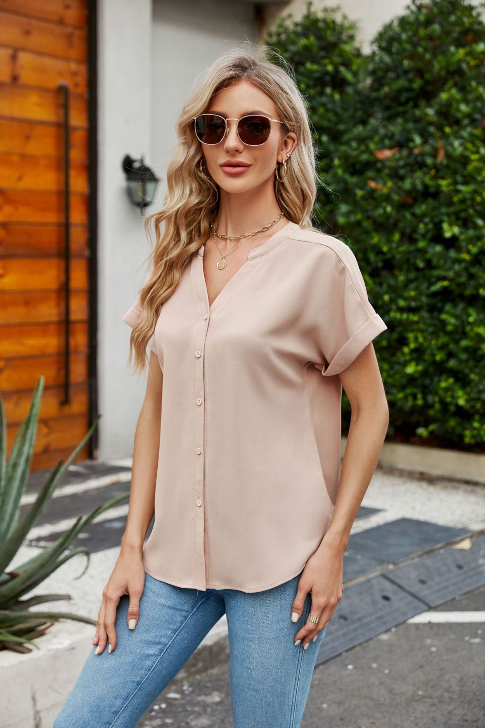 Notched Neck Cuffed Sleeve Shirt-Teresa&#39;s Fashionista LLC