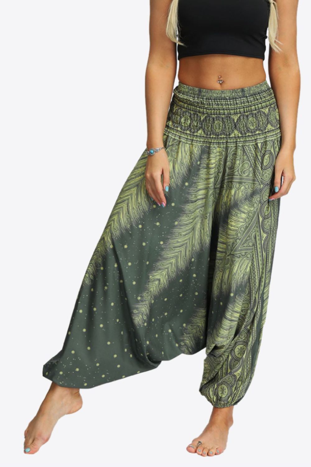 Printed Smocked Waist Harem Pants-Teresa&#39;s Fashionista LLC