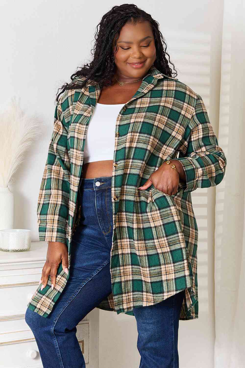 Double Take Plaid Collared Neck Long Sleeve Shirt-Teresa&#39;s Fashionista LLC