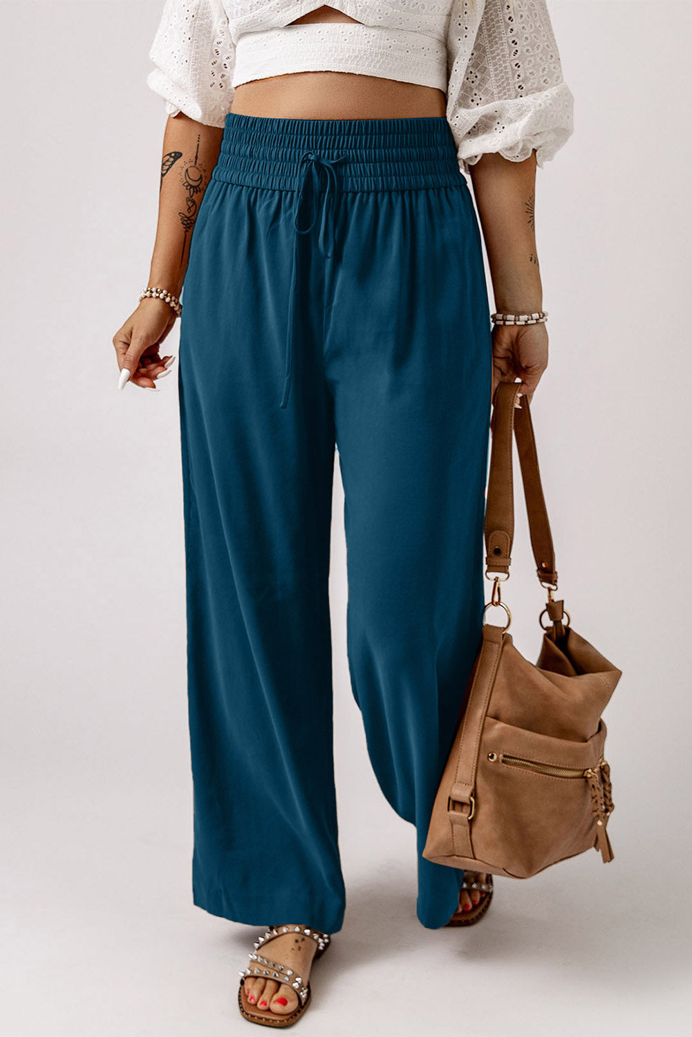 Drawstring Smocked Waist Wide Leg Pants-Teresa&#39;s Fashionista LLC