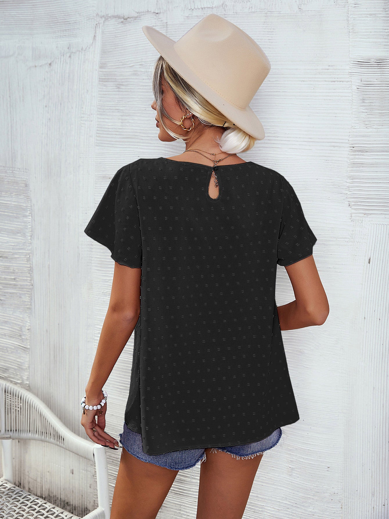 Swiss Dot Round Neck Flutter Sleeve Blouse-Teresa&#39;s Fashionista LLC