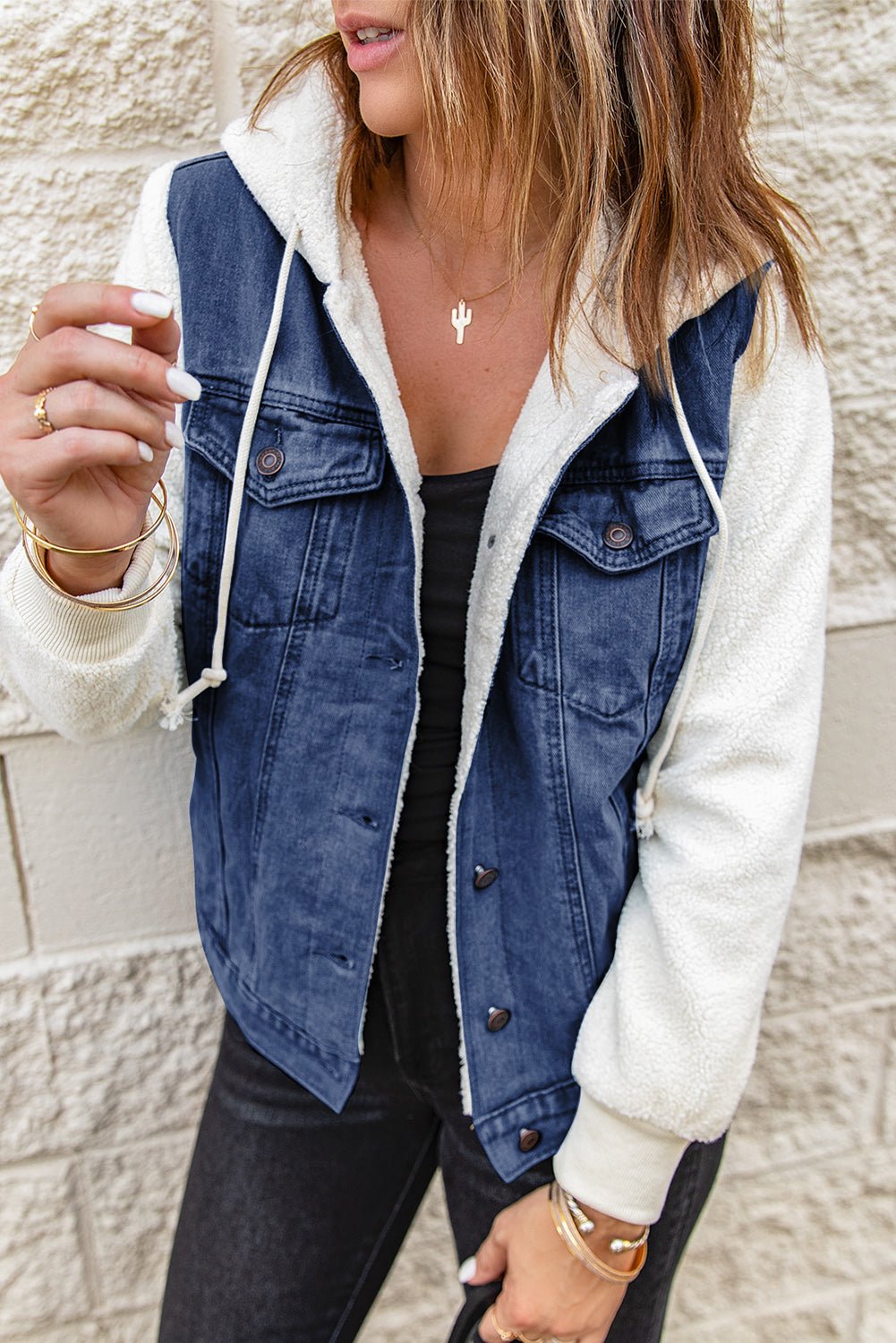 Two-Tone Spliced Denim Sherpa Hooded Jacket-Teresa&#39;s Fashionista LLC