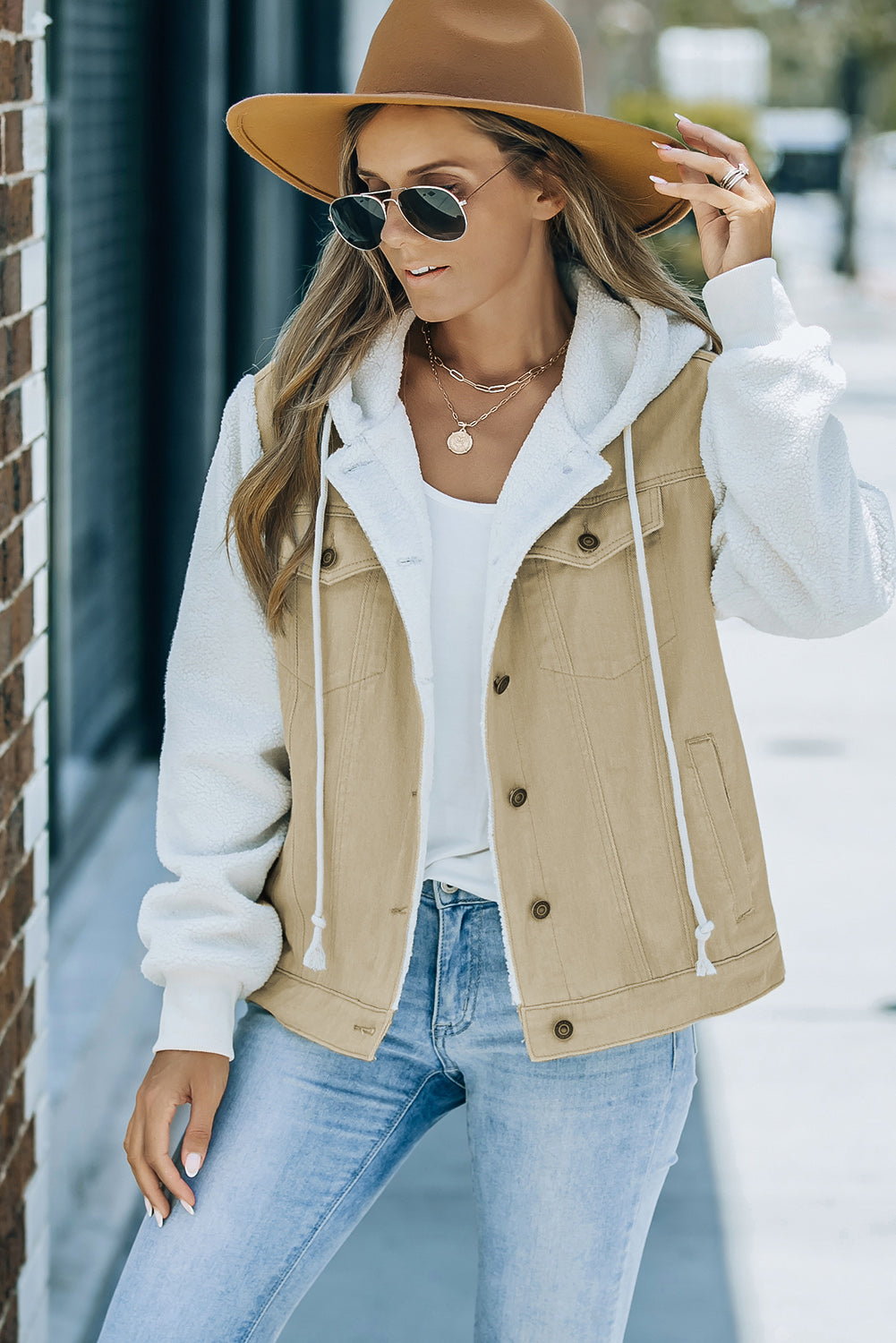 Two-Tone Spliced Denim Sherpa Hooded Jacket-Teresa&#39;s Fashionista LLC