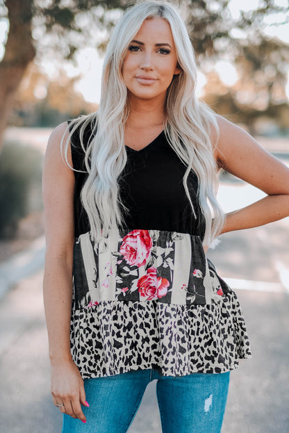 Leopard Floral Color Block V-Neck Tank Top-Teresa&#39;s Fashionista LLC