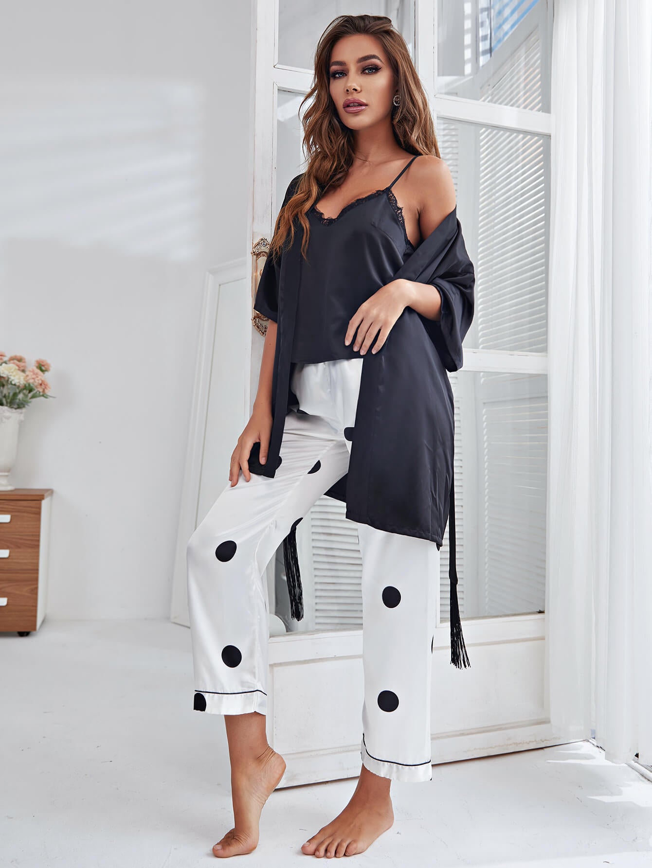 Cami, Robe, and Printed Pants Pajama Set-Teresa&#39;s Fashionista LLC