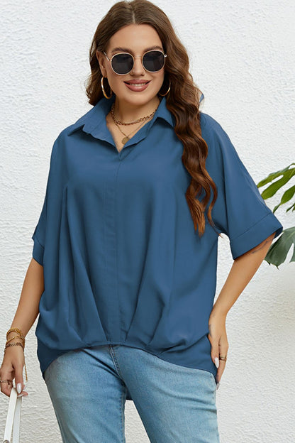 Plus Size Collared Half Sleeve Hem Detail Top-Teresa&#39;s Fashionista LLC