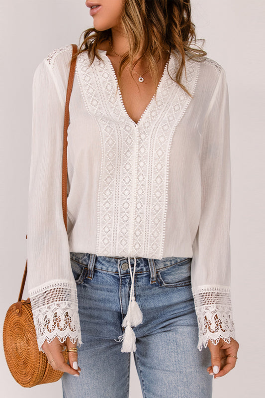 Spliced Lace V-Neck Long Sleeve Blouse-Teresa&#39;s Fashionista LLC