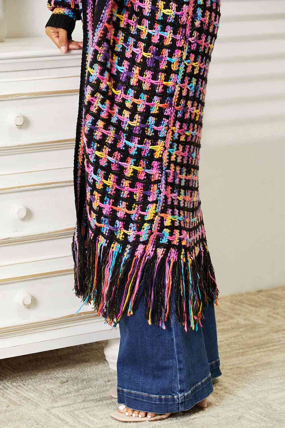 Double Take Full Size Multicolored Open Front Fringe Hem Cardigan-Teresa&#39;s Fashionista LLC