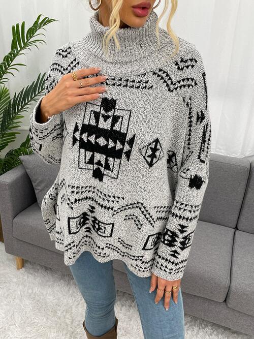 Geometric Turtleneck Long Sleeve Slit Sweater - Teresa's Fashionista LLC