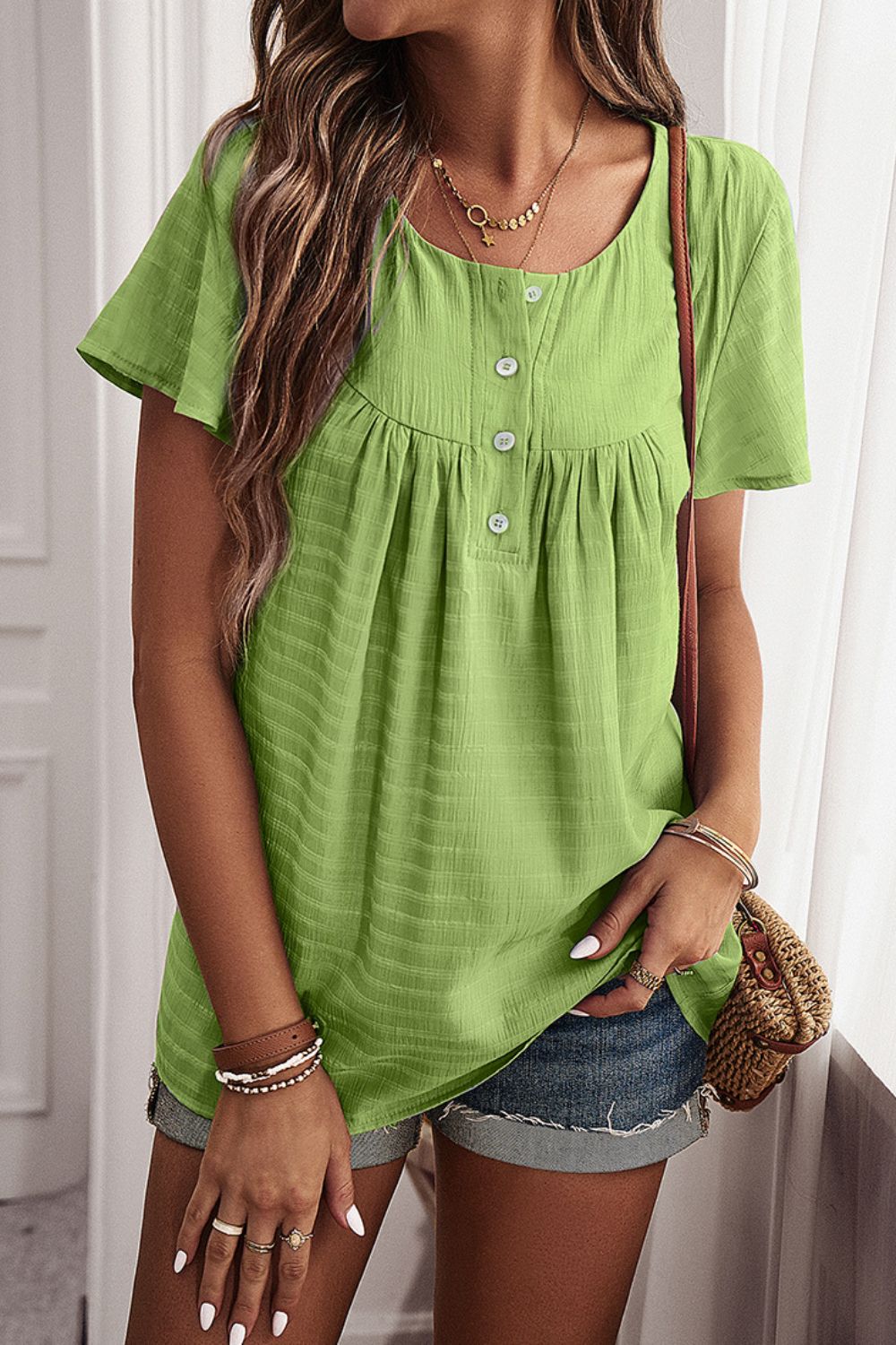 Quarter-Button Round Neck Short Sleeve Top-Teresa&#39;s Fashionista LLC