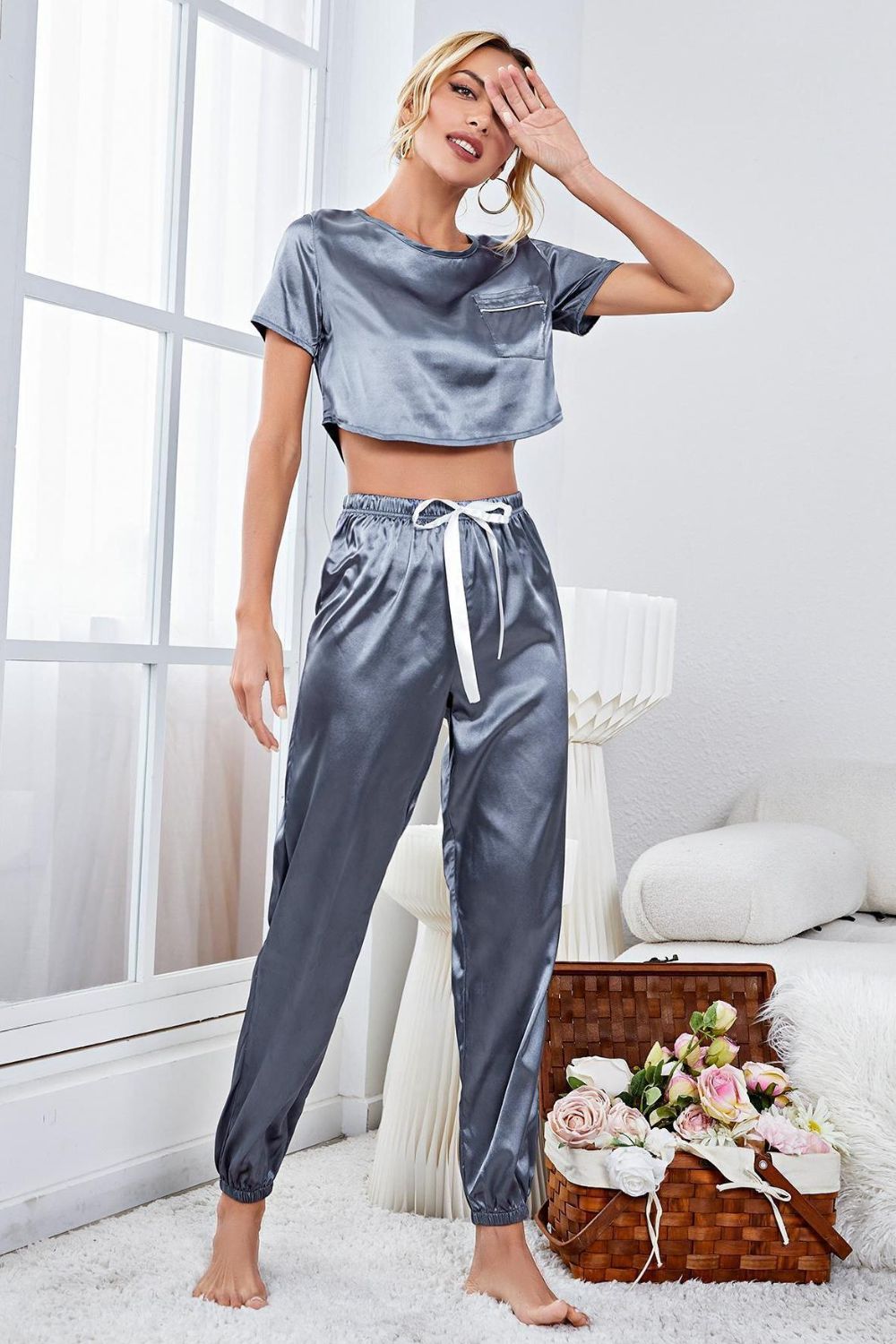 Satin Short Sleeve Crop Top and Joggers Lounge Set-Teresa&#39;s Fashionista LLC