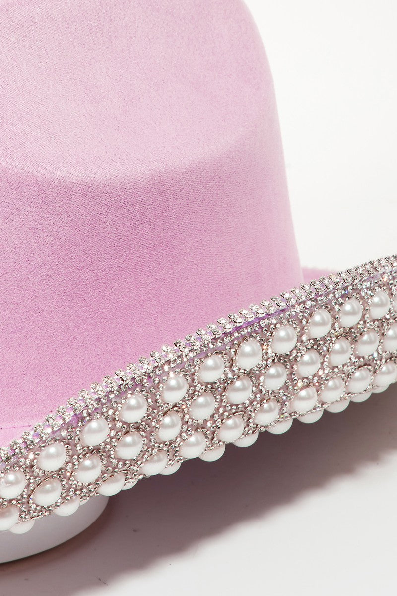 Fame Pave Rhinestone Pearl Trim Cowboy Hat-Teresa&#39;s Fashionista LLC