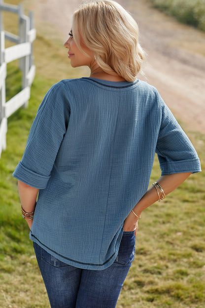 Textured V-Neck Half Sleeve Blouse-Teresa&#39;s Fashionista LLC