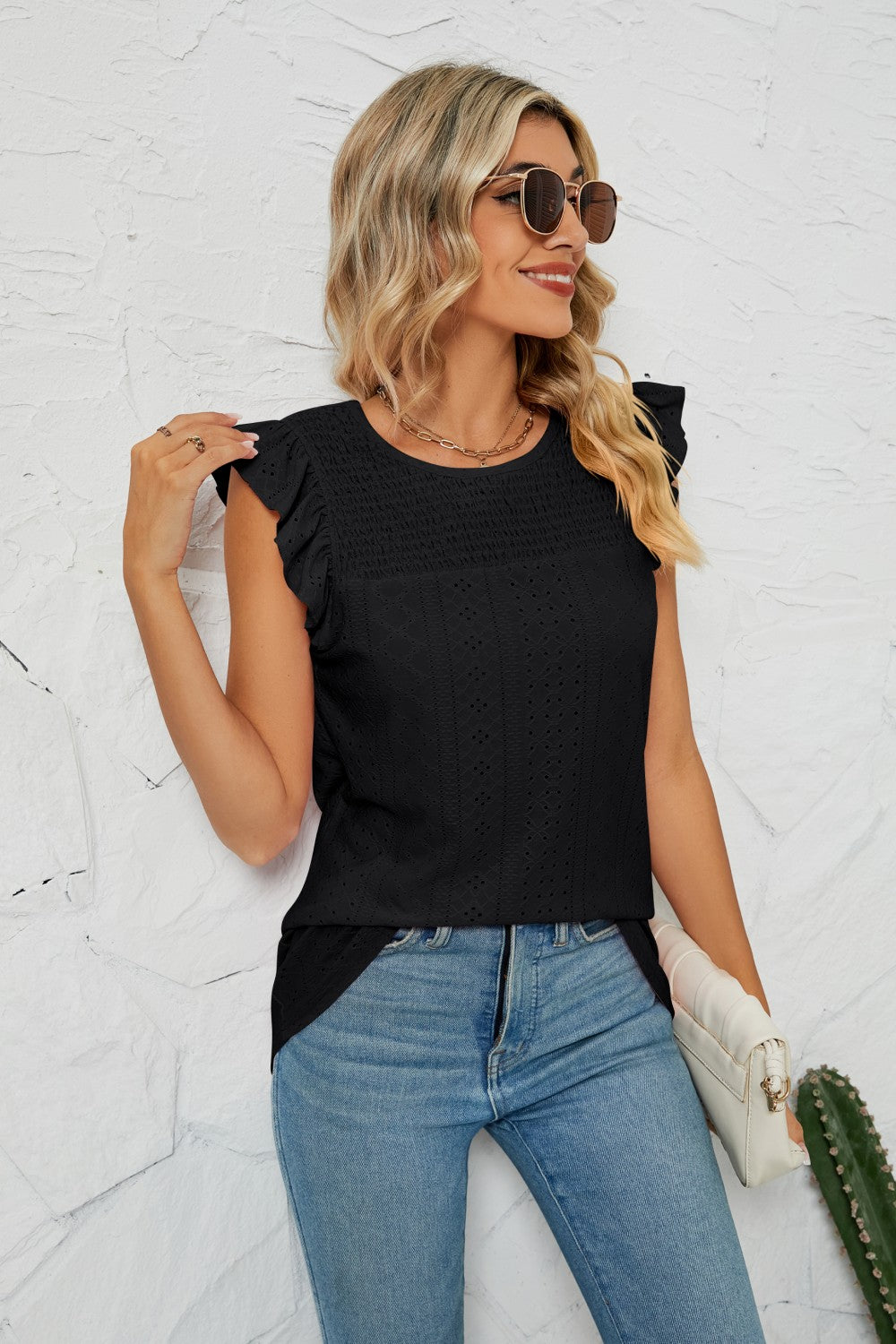 Smocked Round Neck Eyelet Top-Teresa&#39;s Fashionista LLC