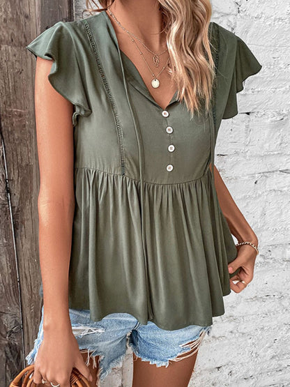 Buttoned Tie Neck Flutter Sleeve Babydoll Top-Teresa&#39;s Fashionista LLC