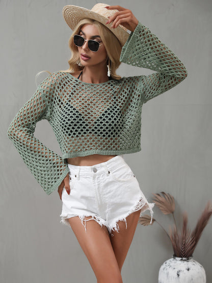 Openwork Flare Sleeve Cropped Cover Up-Teresa&#39;s Fashionista LLC