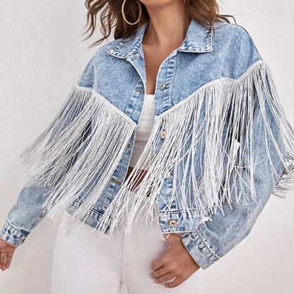 Fringe Detail Collared Neck Long Sleeve Denim Jacket-Teresa&#39;s Fashionista LLC