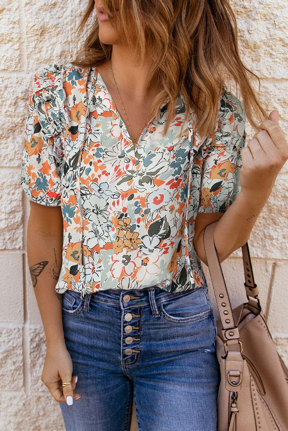 Floral Tie Neck Shoulder Detail Blouse-Teresa&#39;s Fashionista LLC