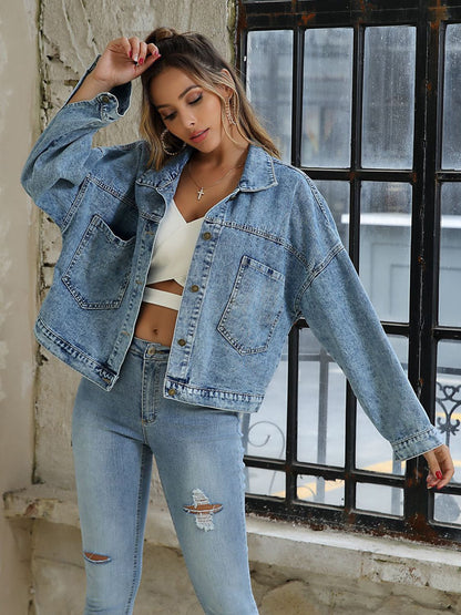 Collared Neck Dropped Shoulder Denim Jacket-Teresa&#39;s Fashionista LLC