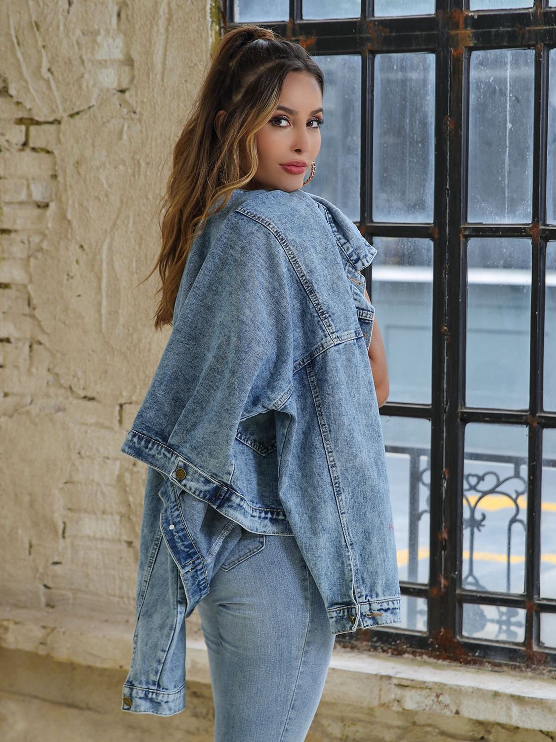 Collared Neck Dropped Shoulder Denim Jacket-Teresa&#39;s Fashionista LLC