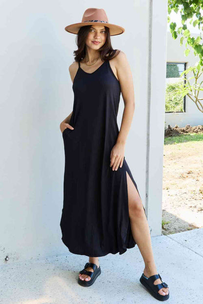 Ninexis Good Energy Full Size Cami Side Slit Maxi Dress in Black-Teresa&#39;s Fashionista LLC