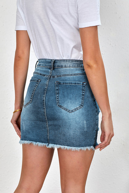 Distressed Raw Hem Denim Mini Skirt-Teresa&#39;s Fashionista LLC