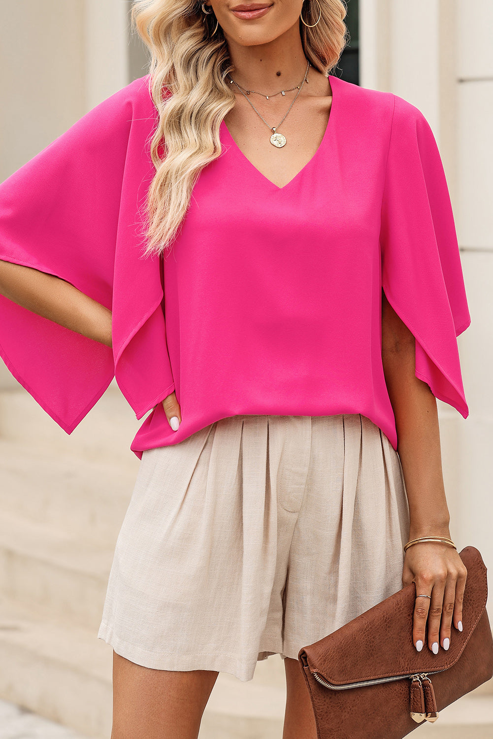 V-Neck Cloak Sleeve Blouse-Teresa&#39;s Fashionista LLC