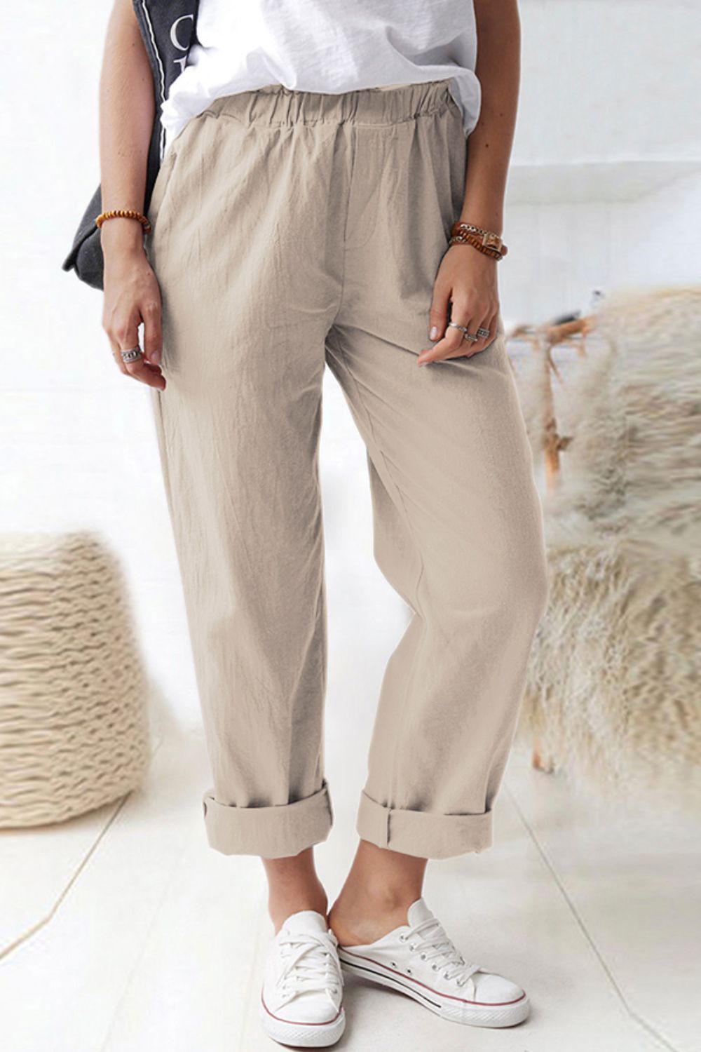 Paperbag Waist Pull-On Pants with Pockets-Teresa&#39;s Fashionista LLC