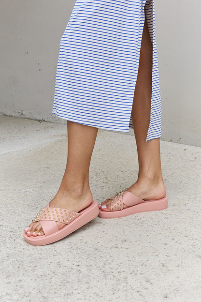 Forever Link Studded Cross Strap Sandals in Blush-Teresa&#39;s Fashionista LLC