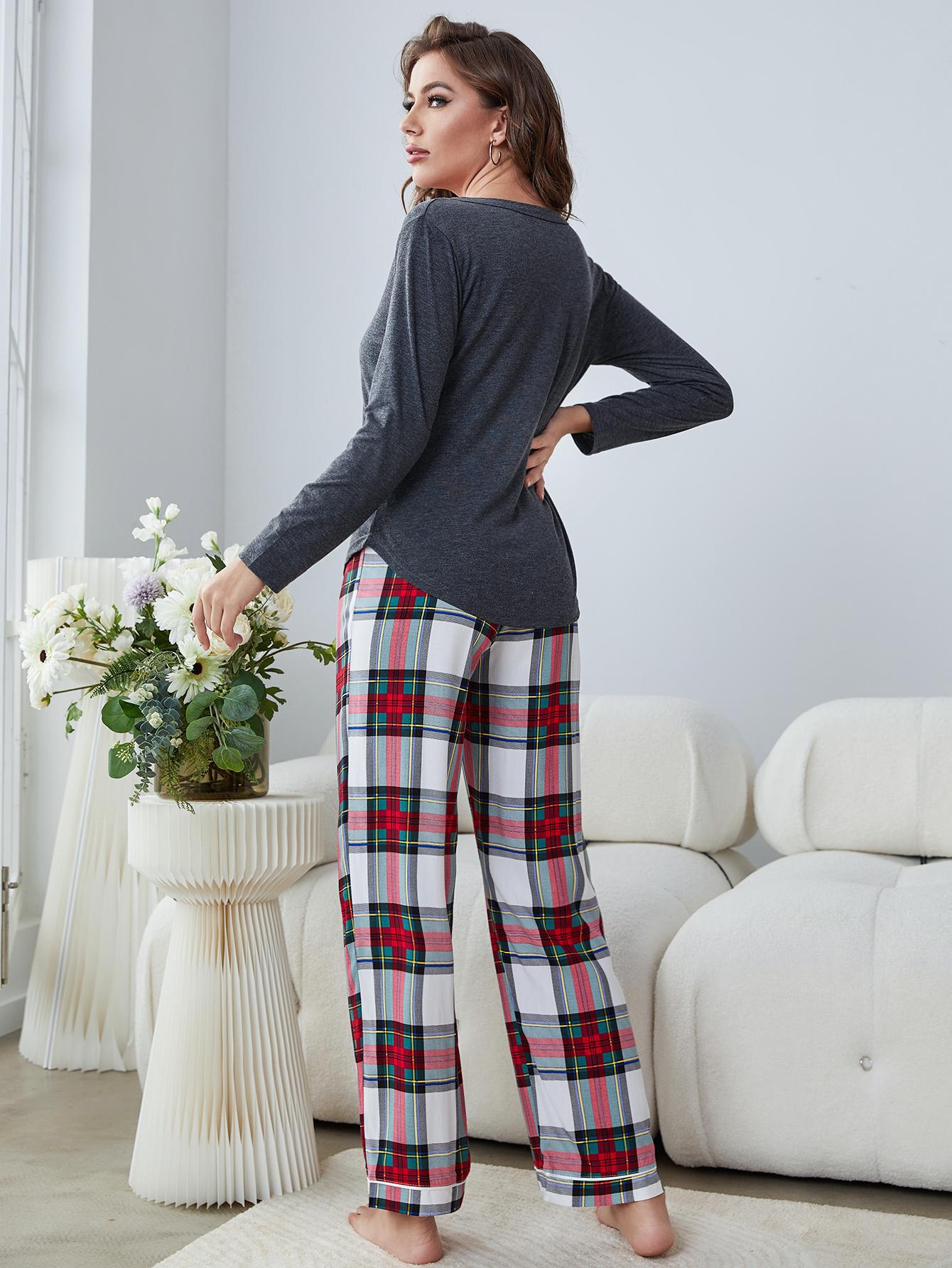 Buttoned Long Sleeve Top and Plaid Pants Lounge Set-Teresa&#39;s Fashionista LLC