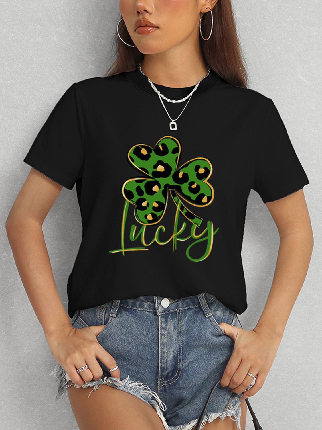 Lucky Clover Round Neck Short Sleeve T-Shirt-Teresa&#39;s Fashionista LLC