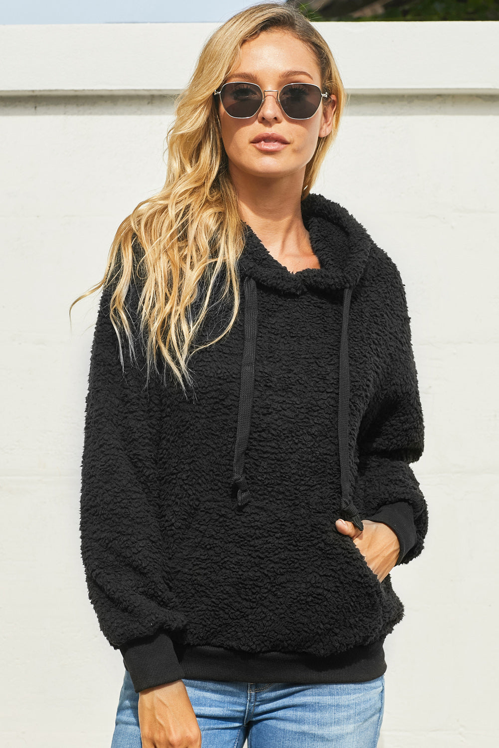 Drawstring Sherpa Hoodie with Pocket-Teresa&#39;s Fashionista LLC