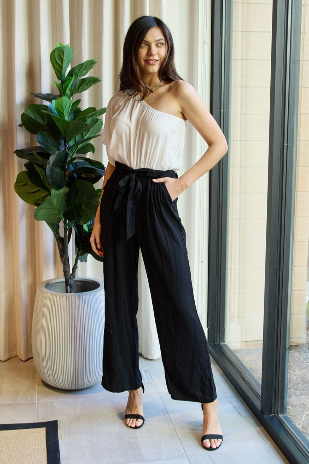 Dress Day Marvelous in Manhattan One-Shoulder Jumpsuit in White/Black-Teresa&#39;s Fashionista LLC