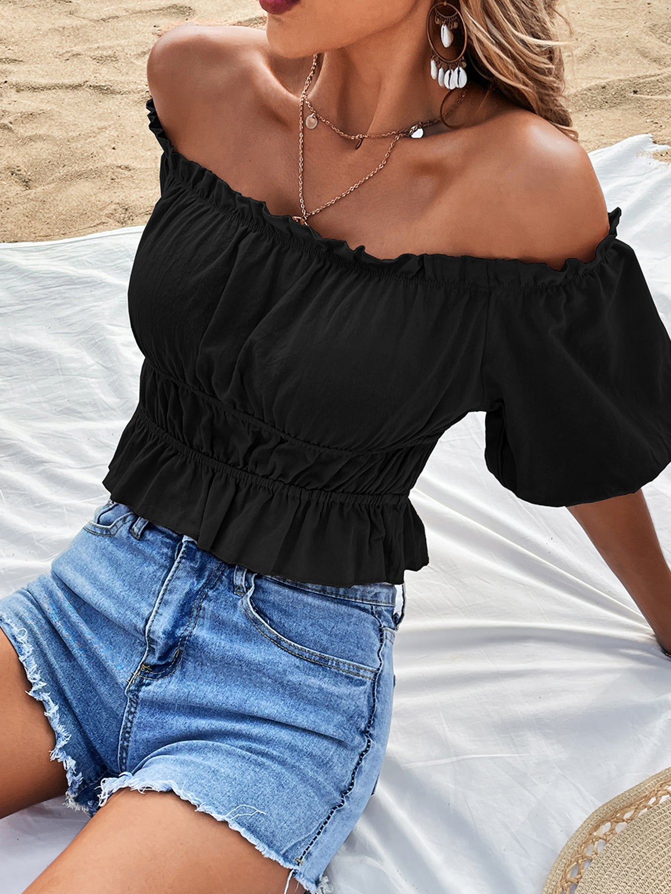 Off-Shoulder Frill Trim Peplum Top-Teresa&#39;s Fashionista LLC