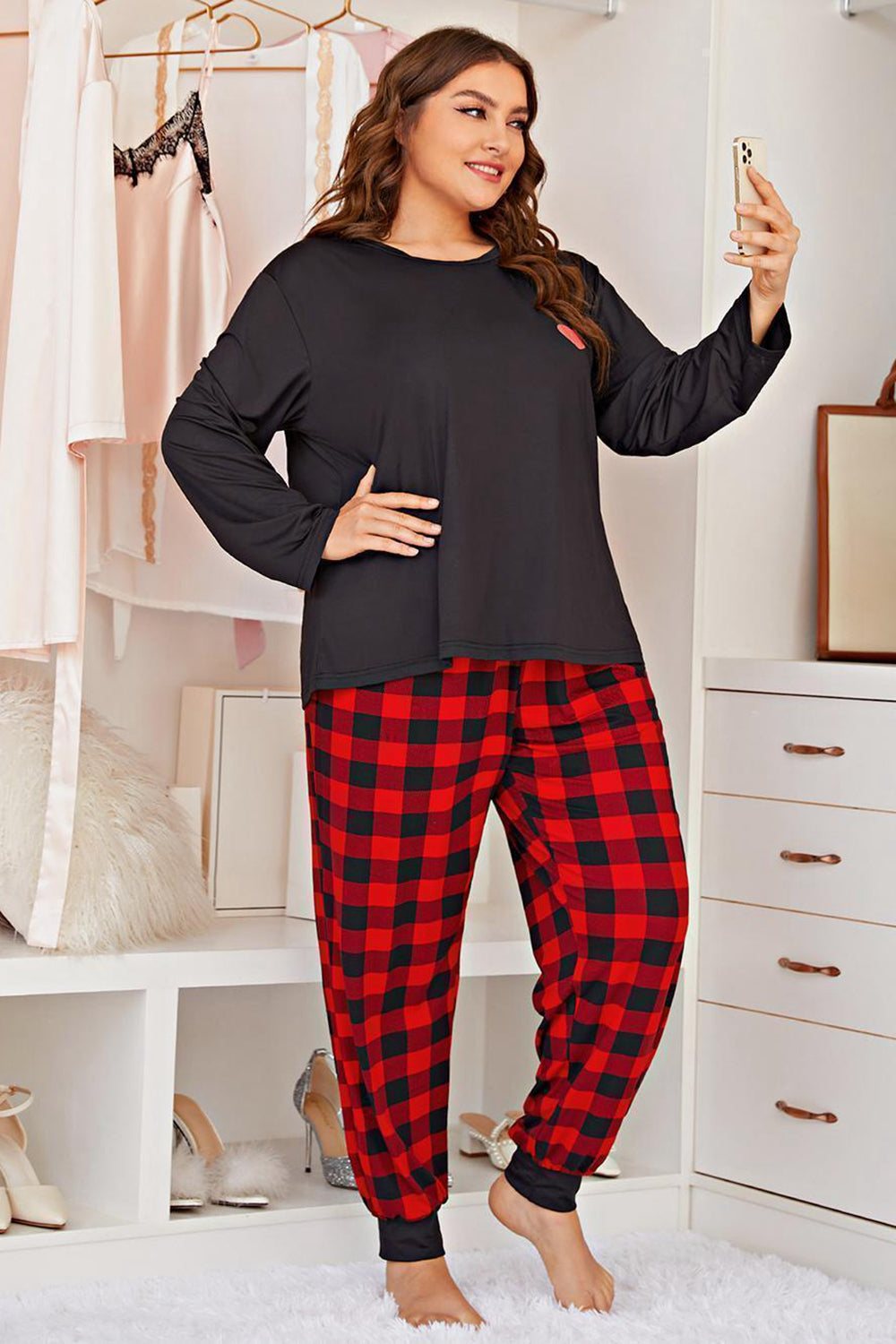 Plus Size Heart Graphic Top and Plaid Joggers Lounge Set-Teresa&#39;s Fashionista LLC