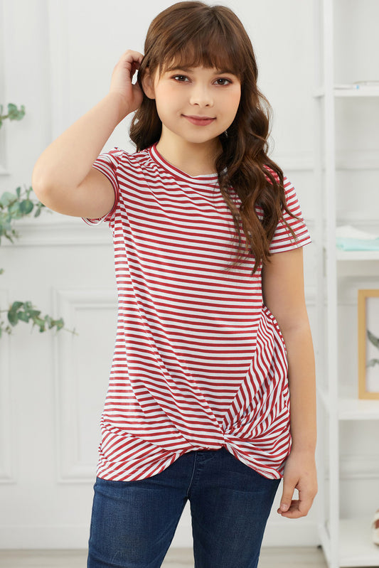 Girls Striped Round Neck Twisted Tee Shirt-Teresa&#39;s Fashionista LLC