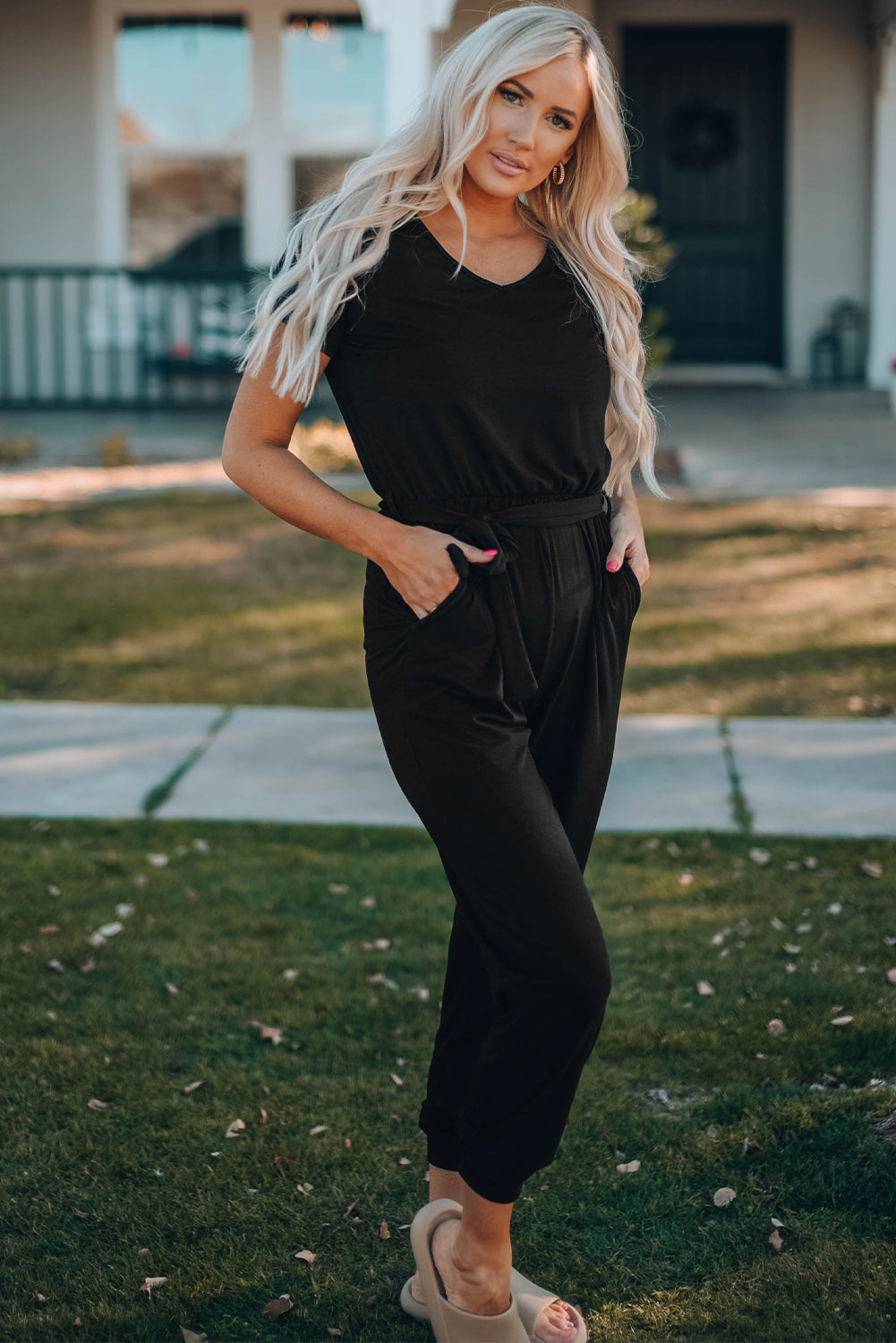 Belted V-Neck Jogger Jumpsuit-Teresa&#39;s Fashionista LLC