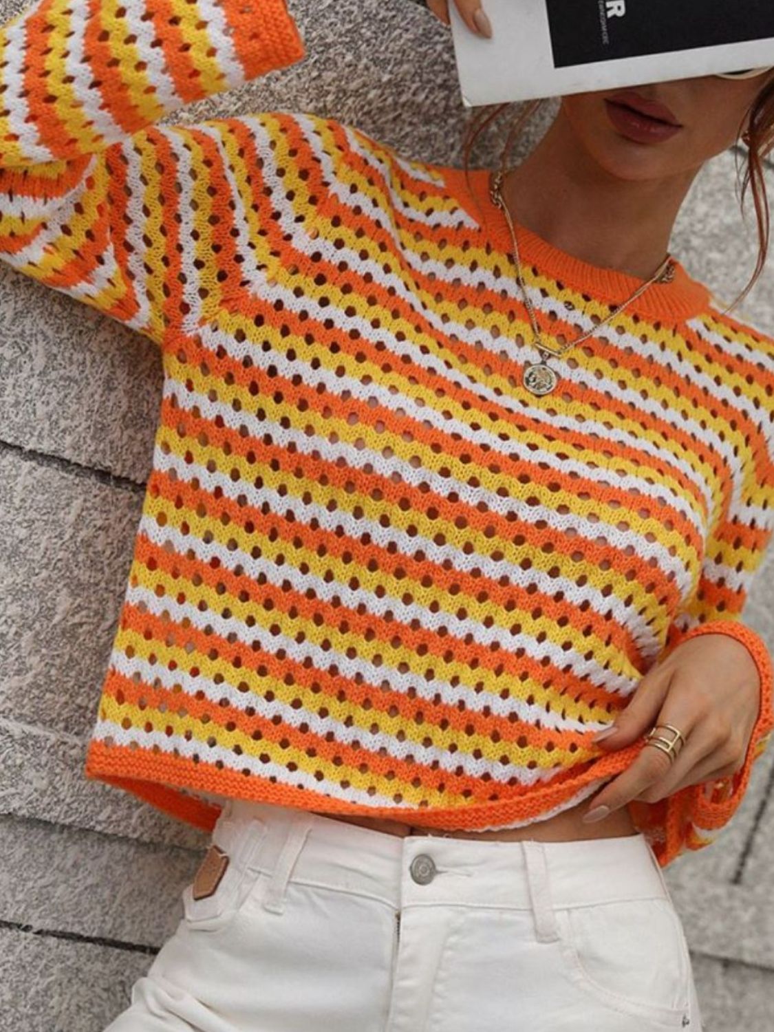 Striped Openwork Long-Sleeve Knit Pullover-Teresa&#39;s Fashionista LLC