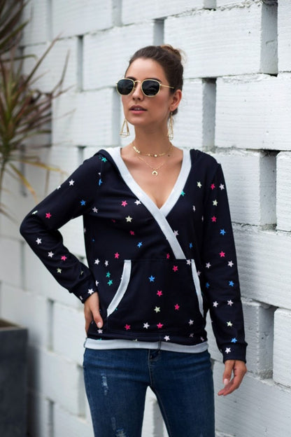 Star Print Kangaroo Pocket Hoodie-Teresa&#39;s Fashionista LLC