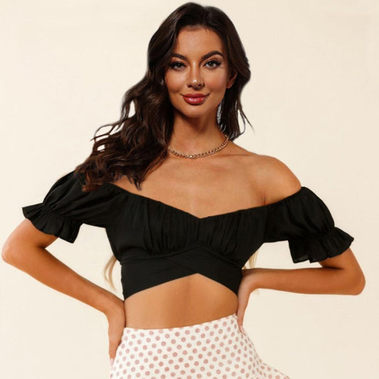 Off-Shoulder Flounce Sleeve Tie Back Top-Teresa&#39;s Fashionista LLC