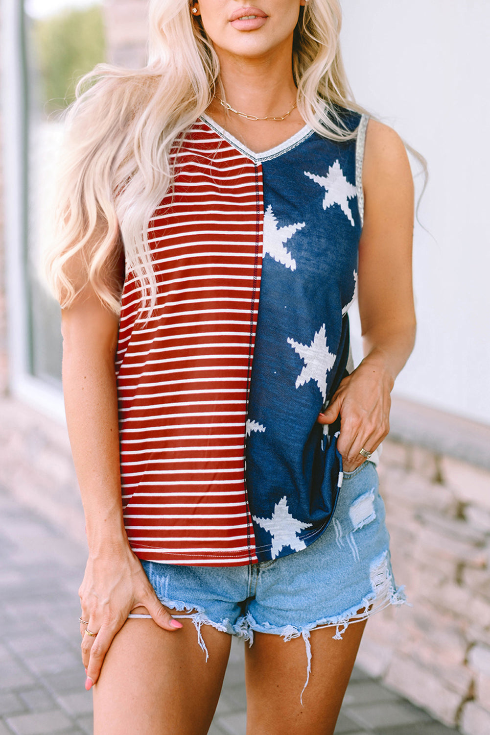 Star and Stripe V-Neck Tank-Teresa&#39;s Fashionista LLC