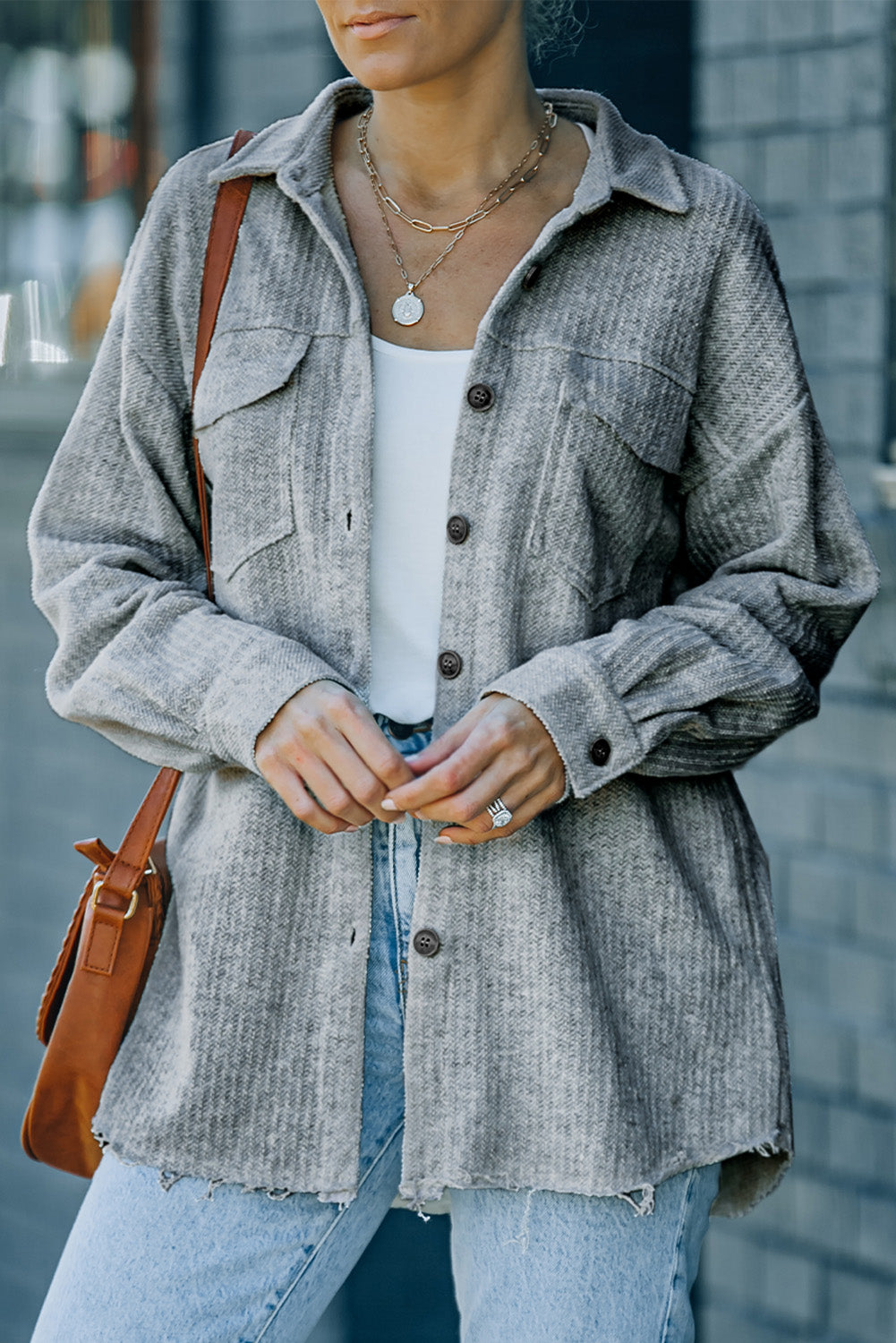 Textured Button Down Shirt Jacket with Pockets-Teresa&#39;s Fashionista LLC