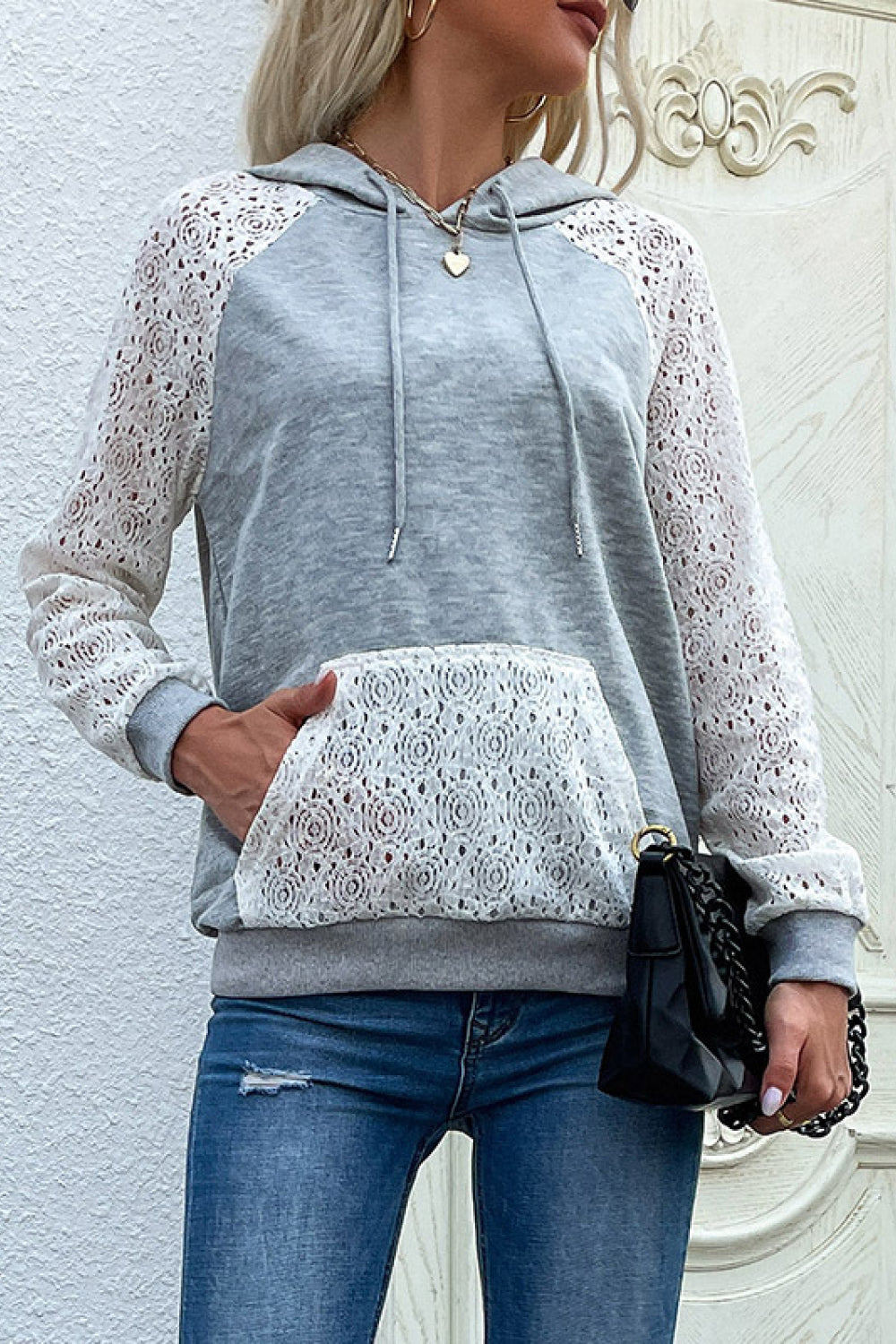 Lace Raglan Sleeve Drawstring Hoodie-Teresa&#39;s Fashionista LLC